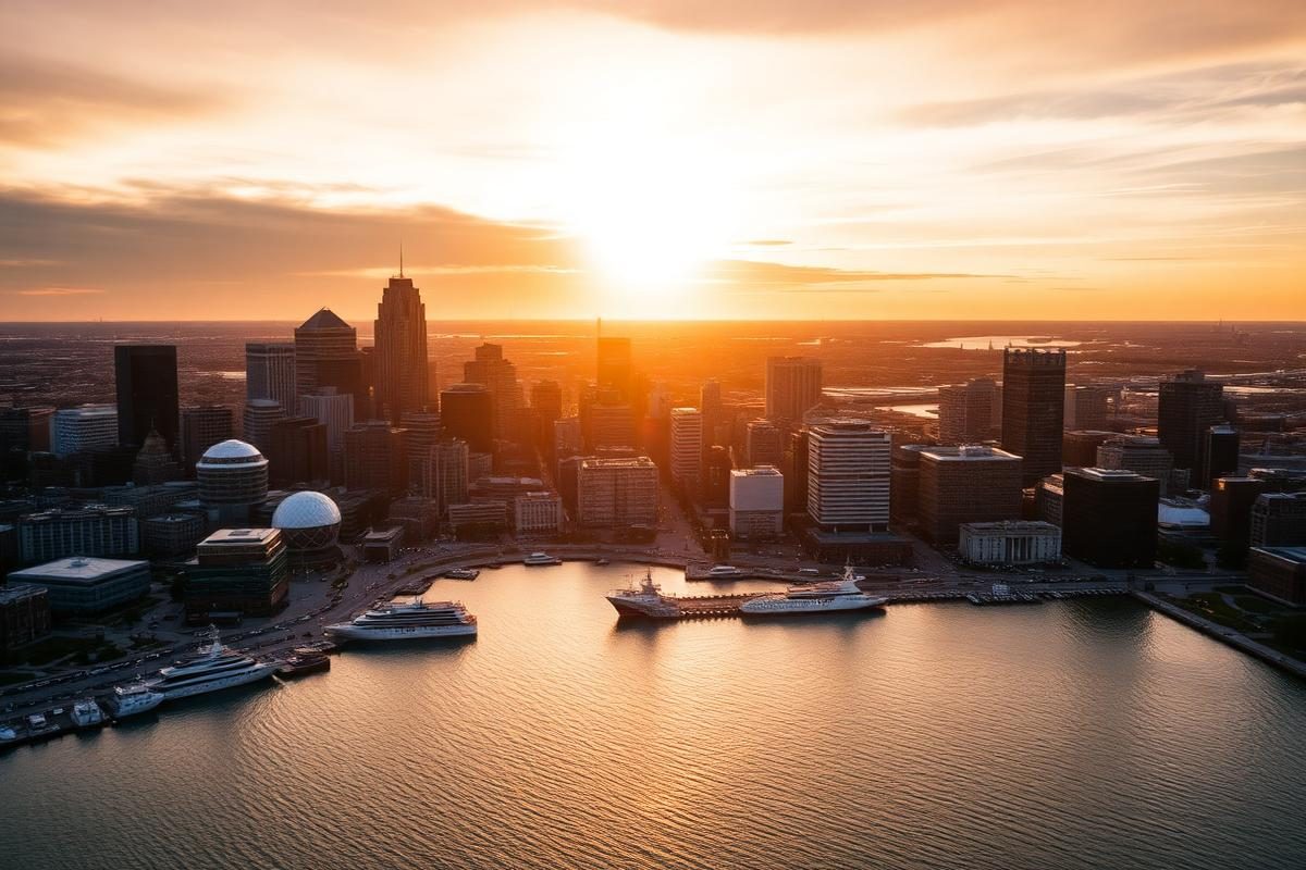 Aerial view of the Boston skyline and harbour at sunset